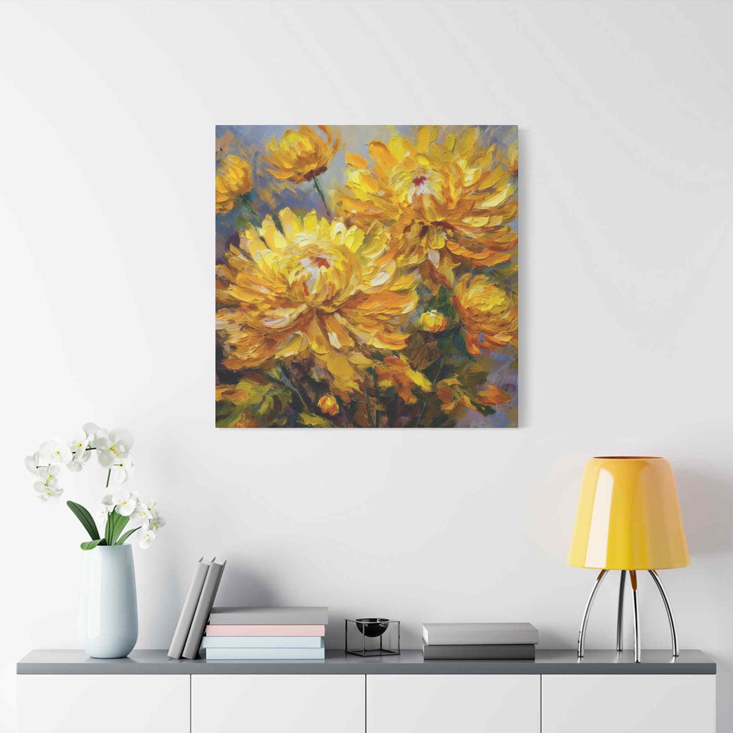 Chrysanthemums Print Canvas, Floral Oil Paint Print 20x20, 24x24, 30x30, 32x32, 36x36 Art Design Pine-Wood Inner Frame MC-164