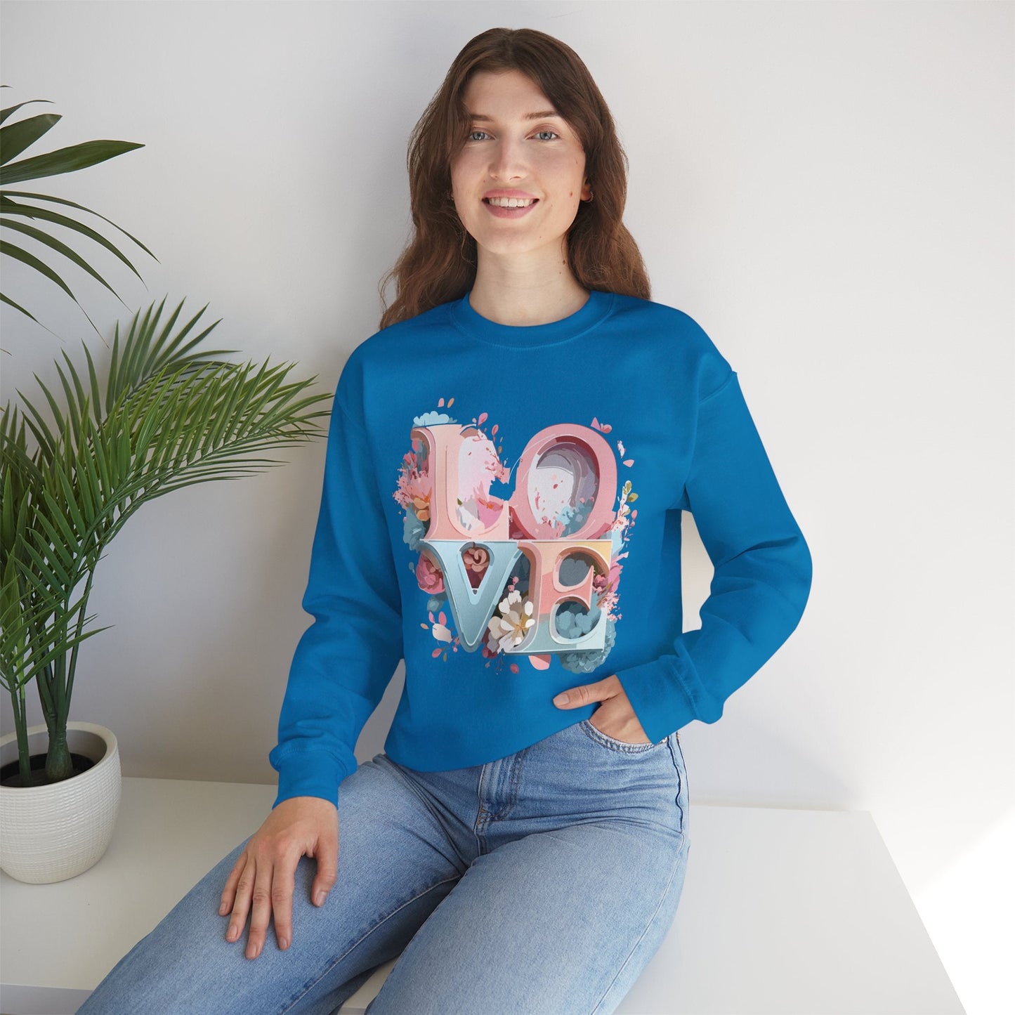 Floral Love Sweatshirt Unisex Crewneck Valentine Day Gift Gildan 18000 Fifty Fifty Cotton Blend