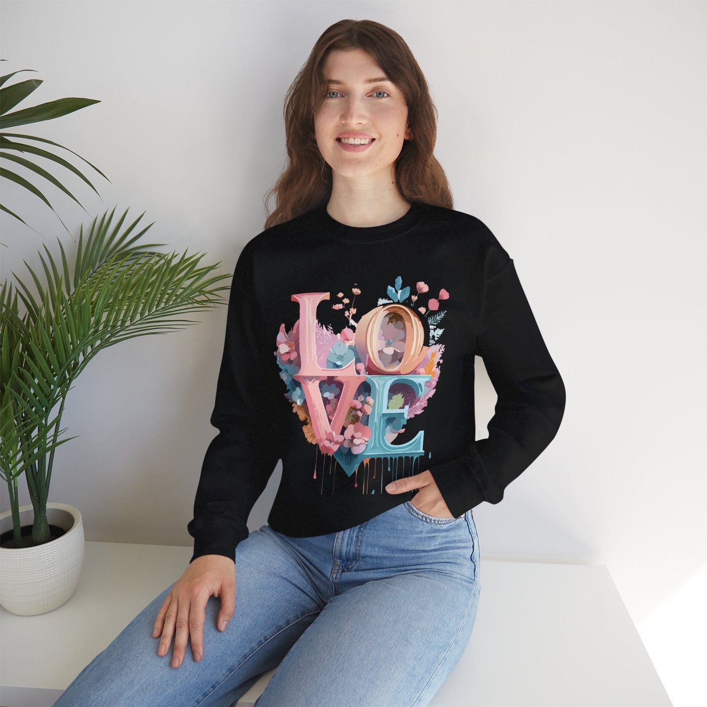 Floral Love Sweatshirt For Valentines Day Unisex Crewneck Fifty Fifty Cotton Polyester