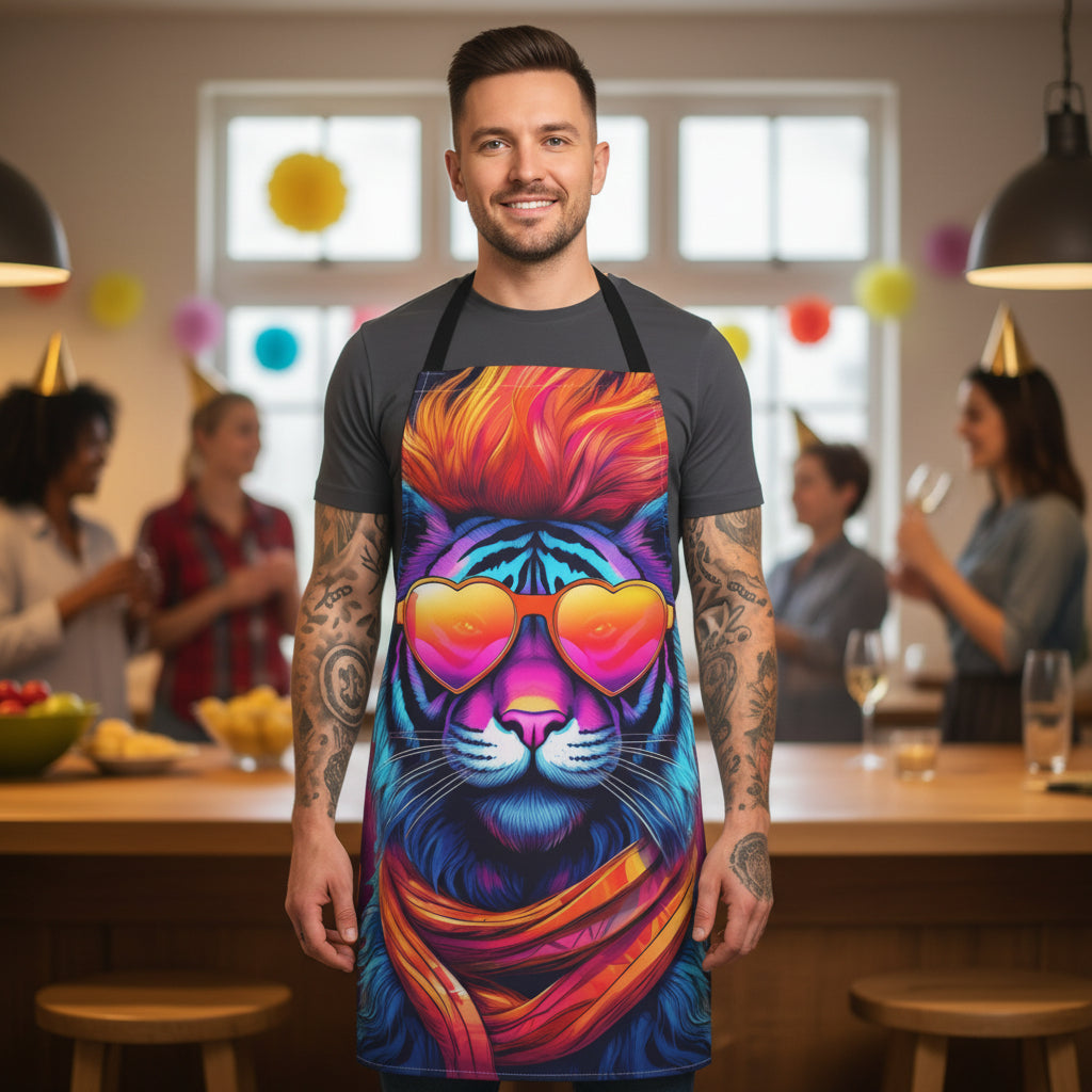 Vibrant Heart Sunglasses Tiger Apron Stain-Resistant - Art Print Canvas Apron