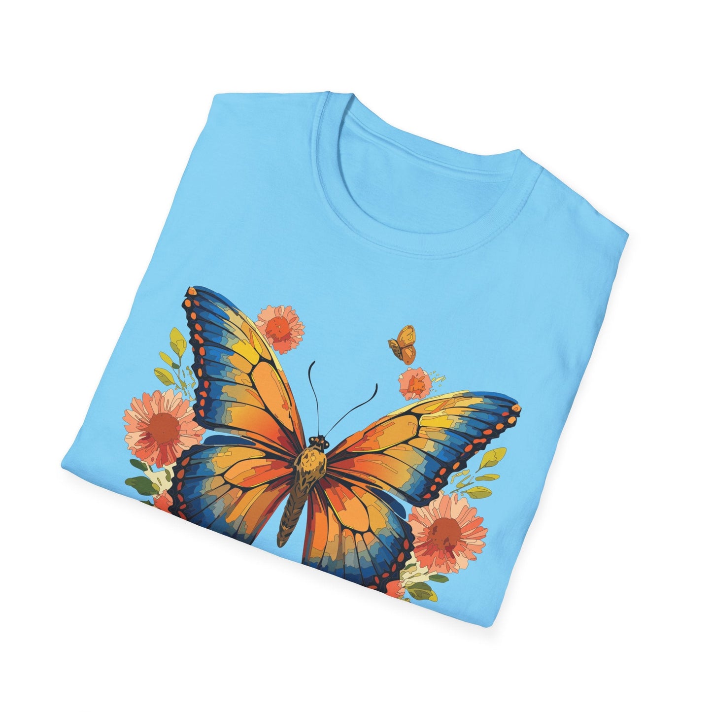Butterfly T Shirt Unisex Softstyle Gildan 64000 Monarch Print 100 Percent Ring Spun Cotton