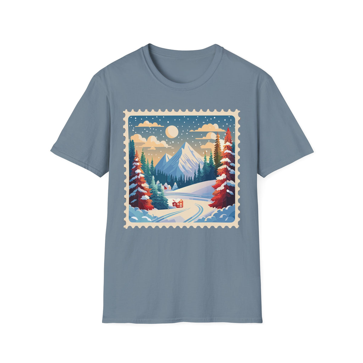 Vintage Winter Mountain Scene T-Shirt | Snowy Peaks Forest Illustration