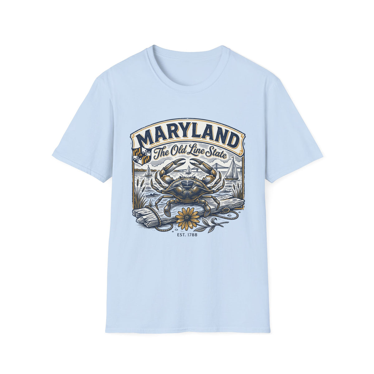 Maryland The Old Line State T-Shirt — Blue Crab Chesapeake Vintage Travel Tourist Graphic Design Unisex 100 Cotton Gildan T-Shirt