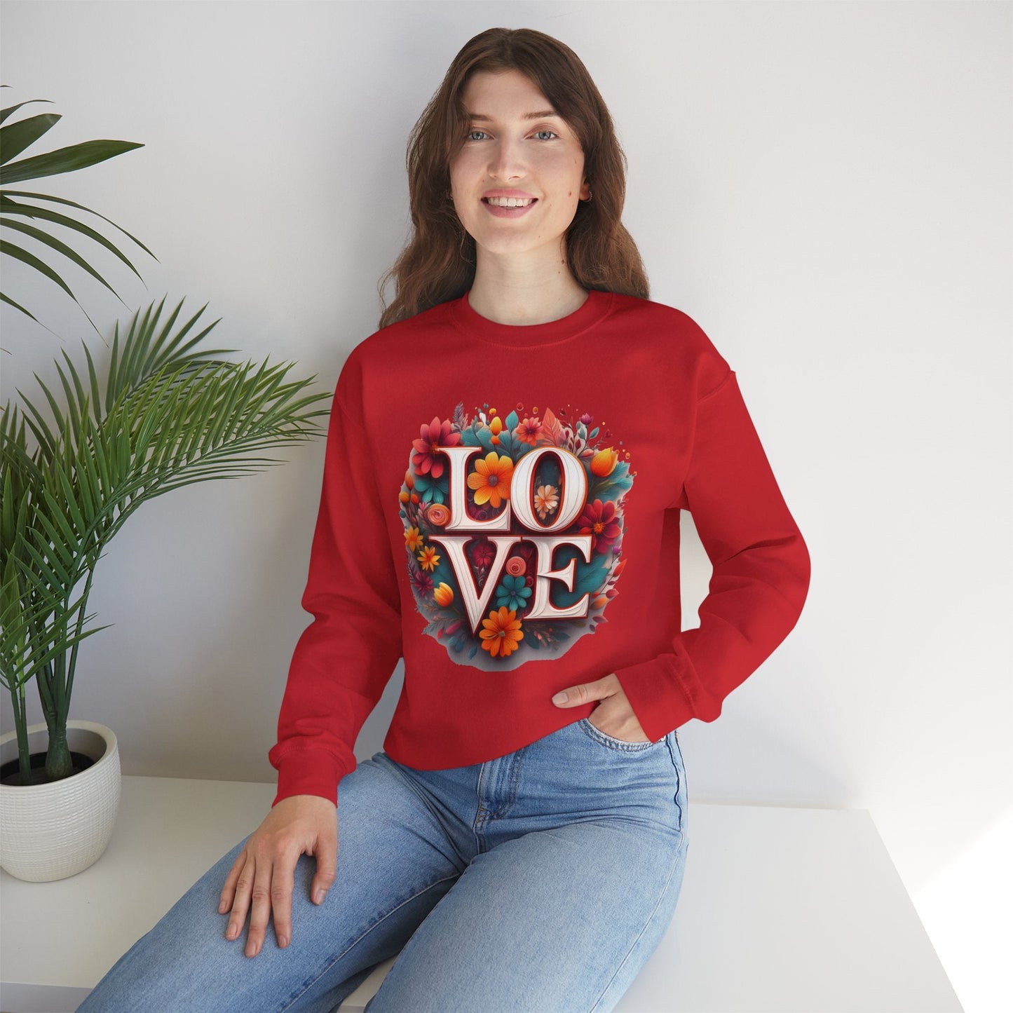 Floral Love Valentines Day Sweatshirt Unisex Heavy Blend Crewneck 50/50 Cotton Polyester Gildan 18000