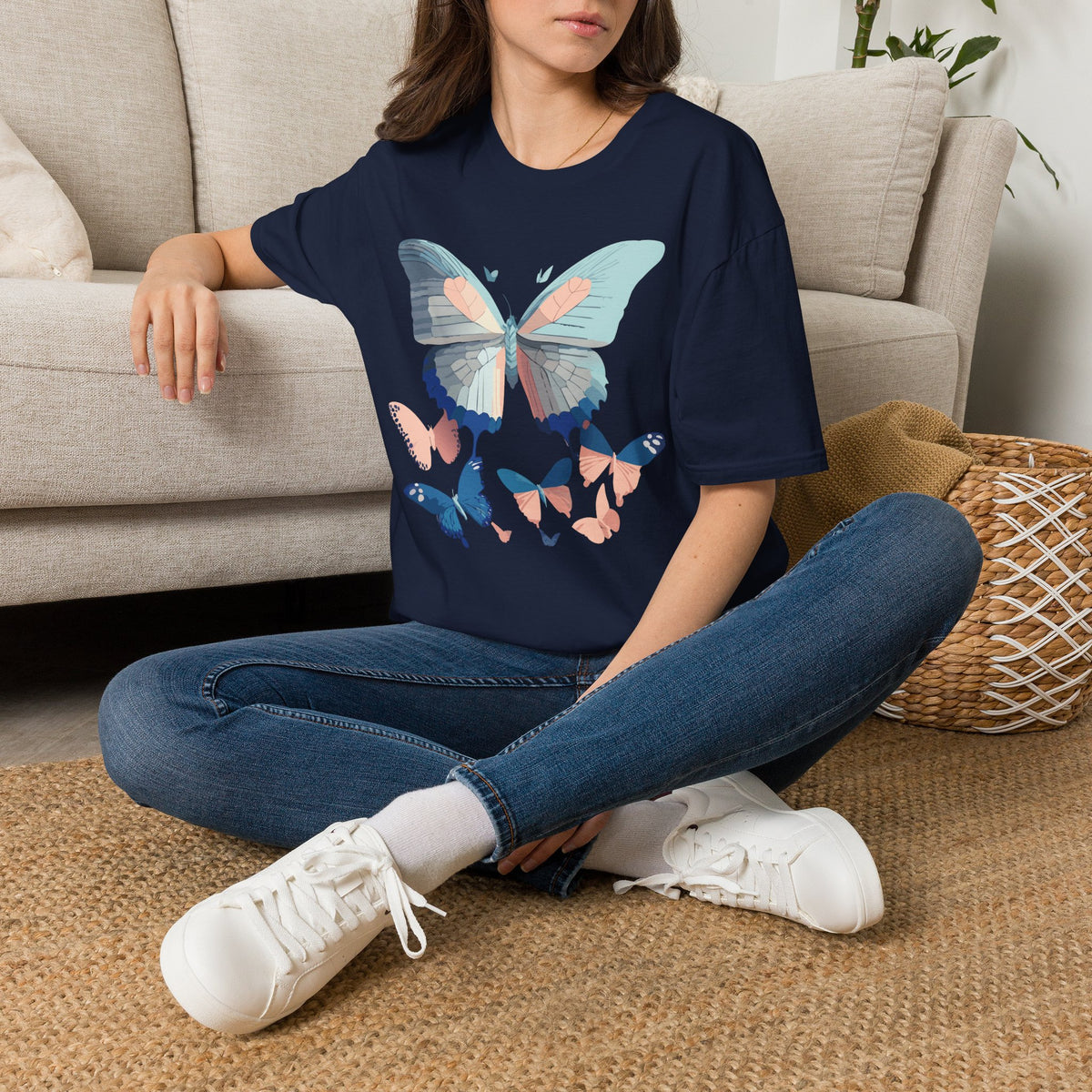 Butterfly Trio T‑Shirt — Pastel Blue & Peach Butterfly Graphic Design Unisex 100 Cotton Gildan T-Shirt