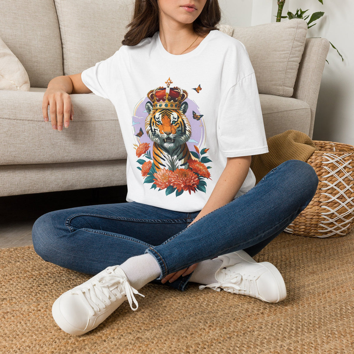 Tiger with Crown T-Shirt | Regal Tiger Artwork, Floral Accents - Unisex 100 Cotton Gildan 64000