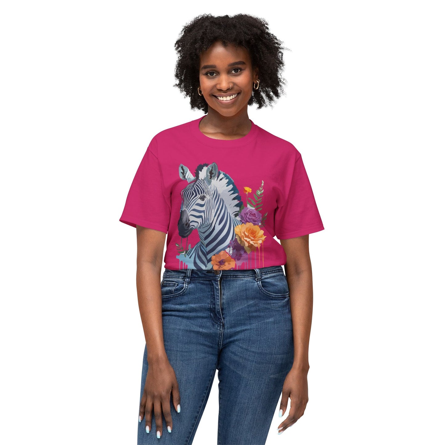 Unisex Zebra T Shirt With Floral Art Print Premium HD Cotton Jersey Tee Made In USA