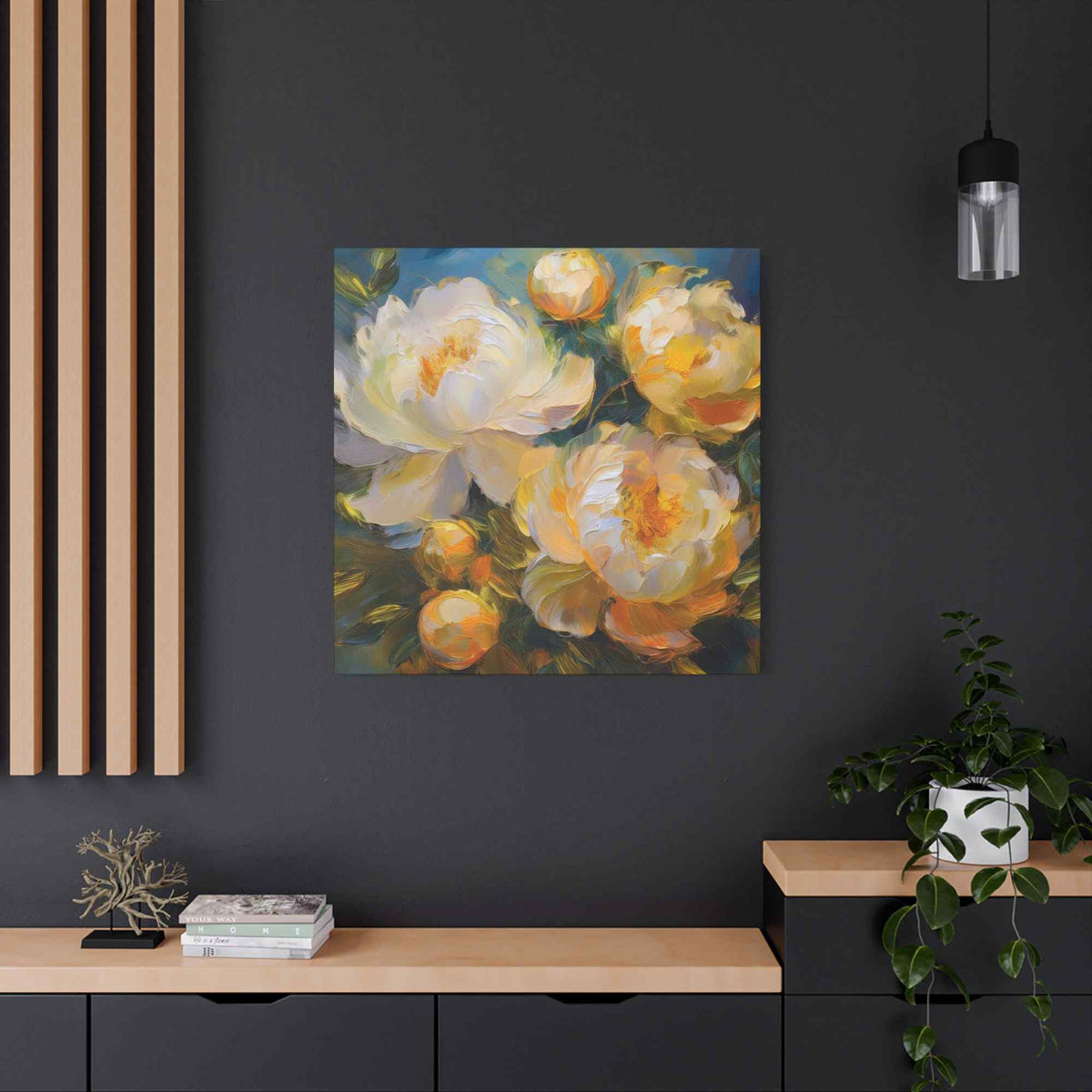 Cream Peonies Print Canvas, Floral Oil Paint Print 20x20, 24x24, 30x30, 32x32, 36x36 Art Design Pine-Wood Inner Frame MC-125