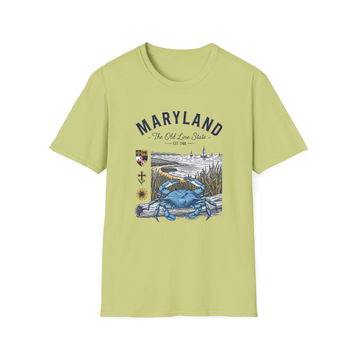 Maryland Blue Crab Scenic T-Shirt — The Old Line State Coastal Design Travel Tourist Graphic Design Unisex 100 Cotton Gildan T-Shirt
