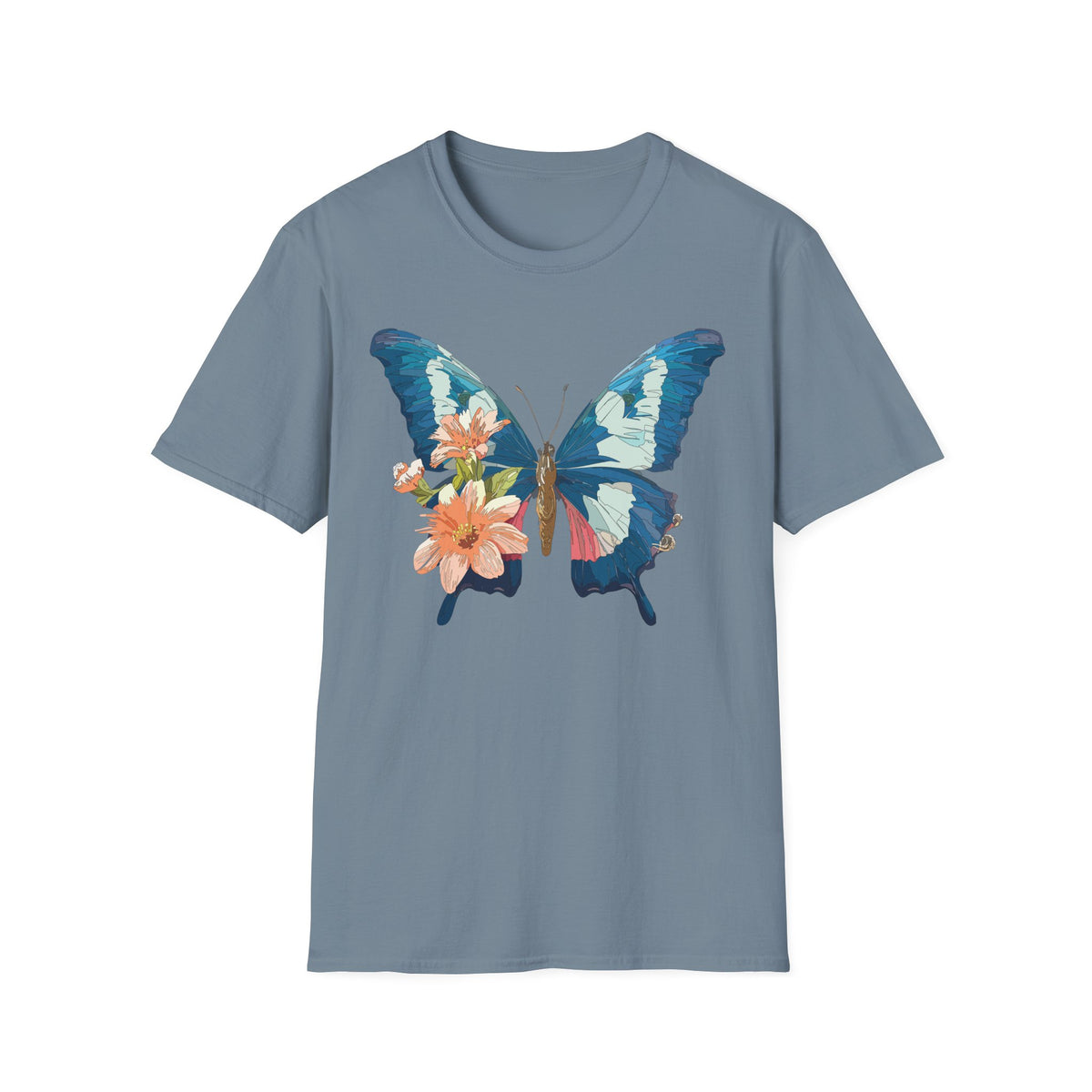 Blue Butterfly Floral Print T-Shirt | Botanical Wings Graphic Tee Unisex 100 Cotton Gildan T-Shirt
