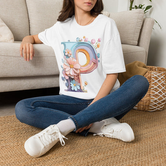 Floral Letter P T-Shirt | Pastel Rainbow Monogram Tee
