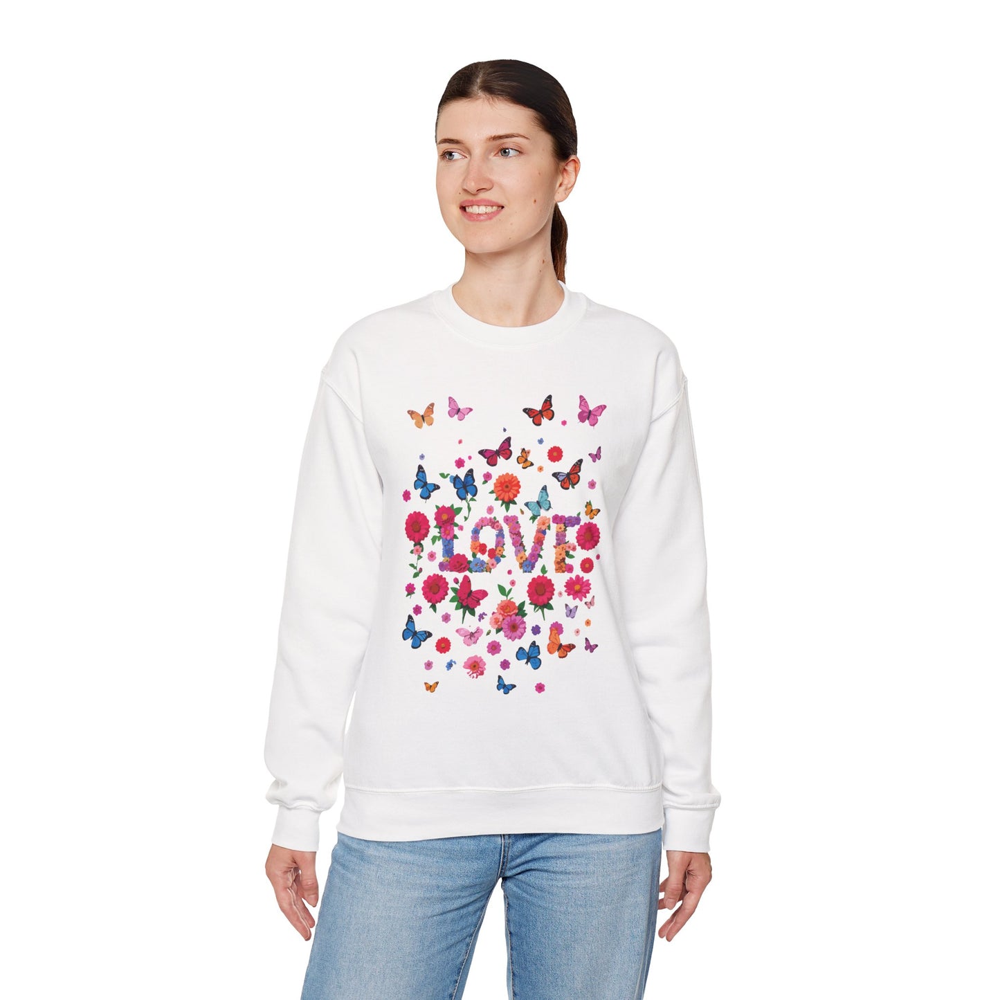 Unisex Floral Love Sweatshirt, Love Floral Sweatshirt, Floral Butterfly Sweatshirt, 50/50 Cotton-Poly Valentine's Day Sweatshirt 07
