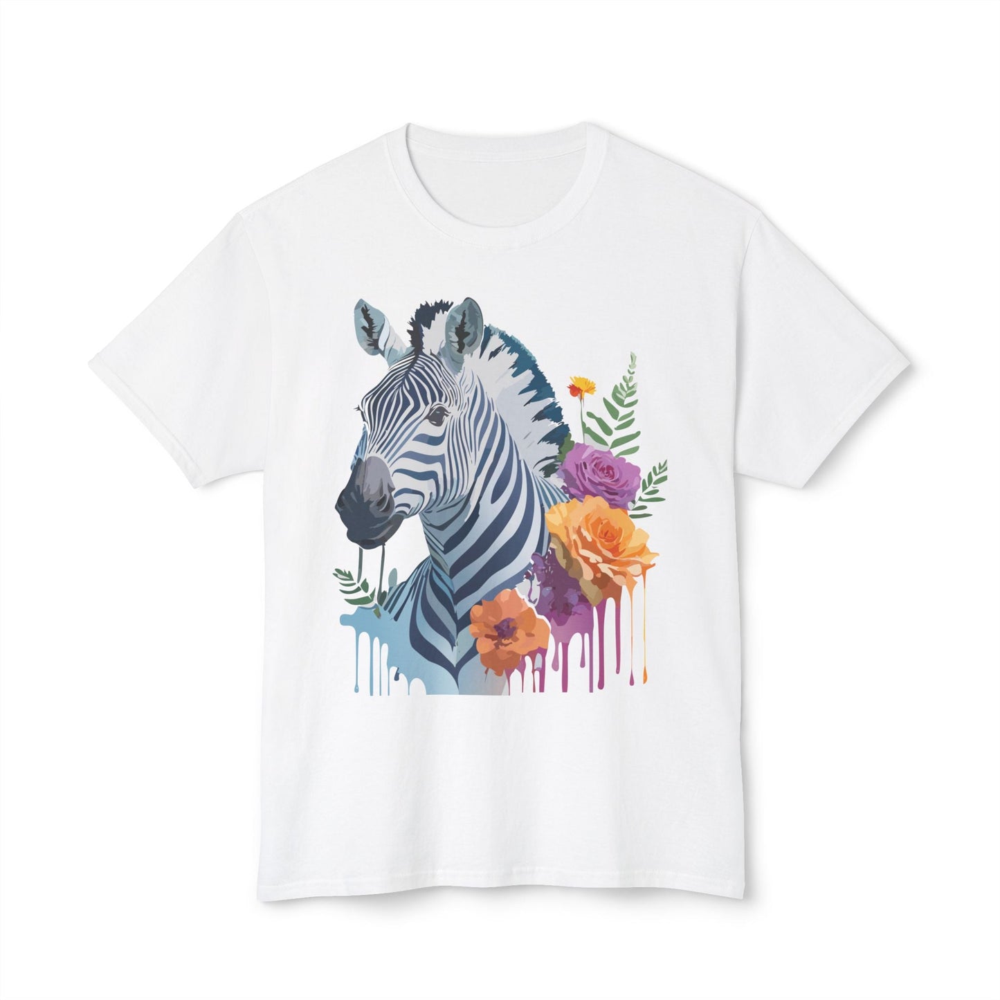 Unisex Zebra T Shirt With Floral Art Print Premium HD Cotton Jersey Tee Made In USA