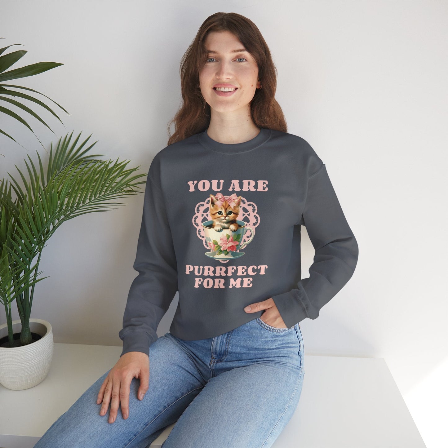 Cat Sweatshirt With Heart Print Valentines Day Unisex 50 50 Cotton Poly Crewneck