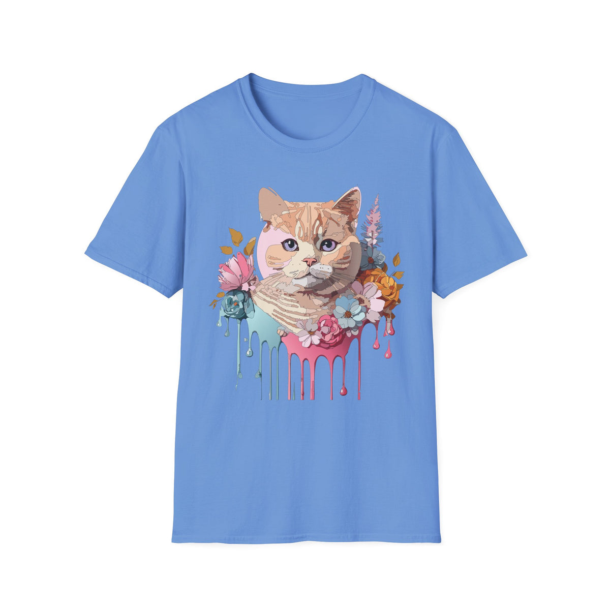 Floral Ginger Cat Portrait T-Shirt | Painted Cat Face with Flowers