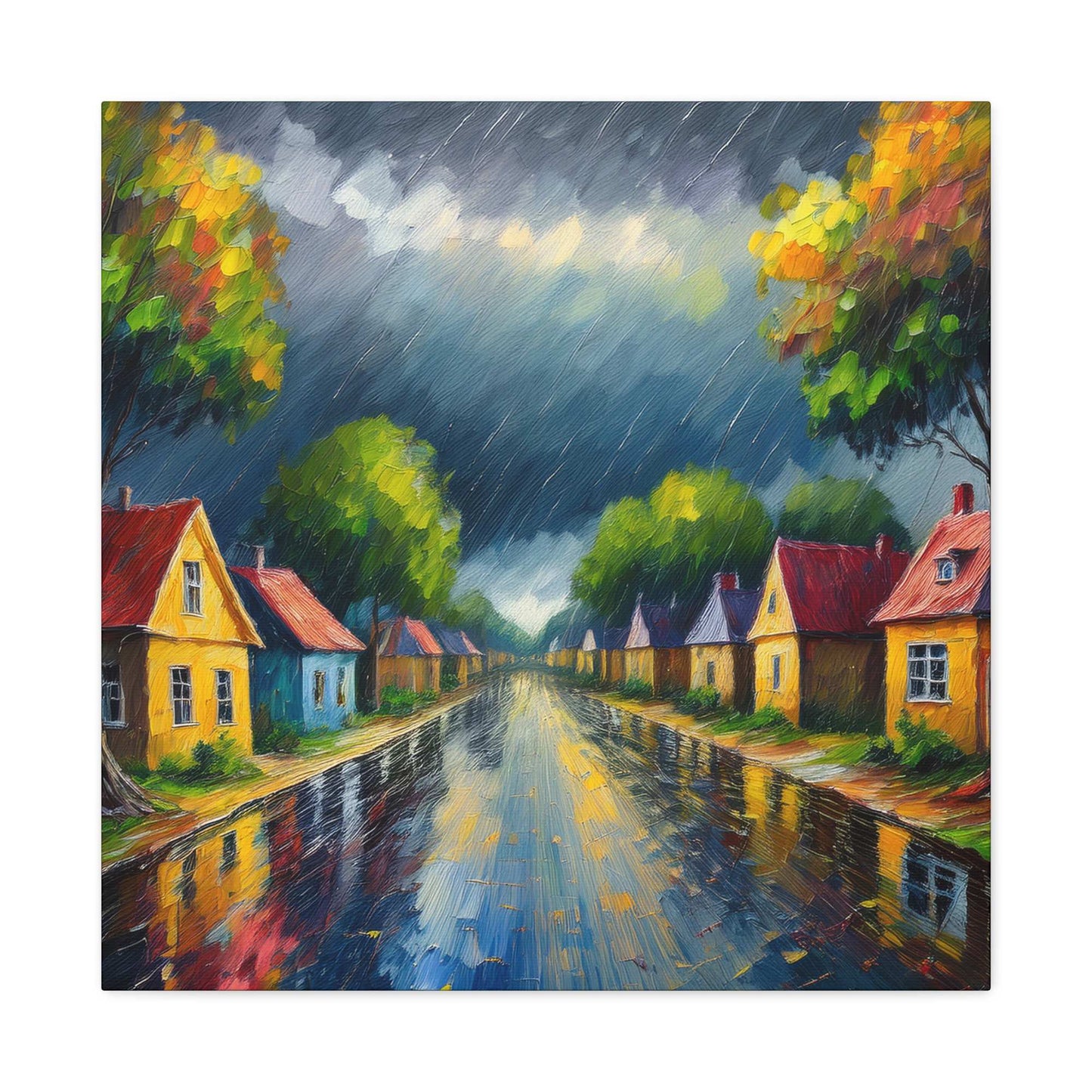 Rainy Village Street Canvas, Matte Oil Paint Print 20x20, 24x24, 30x30, 32x32, 36x36, Art Design Print Non-Frame MC-3