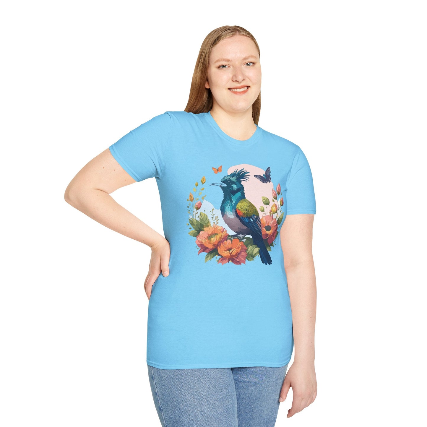 Floral Bird T Shirt Unisex Tee 100 Percent Ring Spun Cotton Softstyle Gildan 64000 Comfort Fit