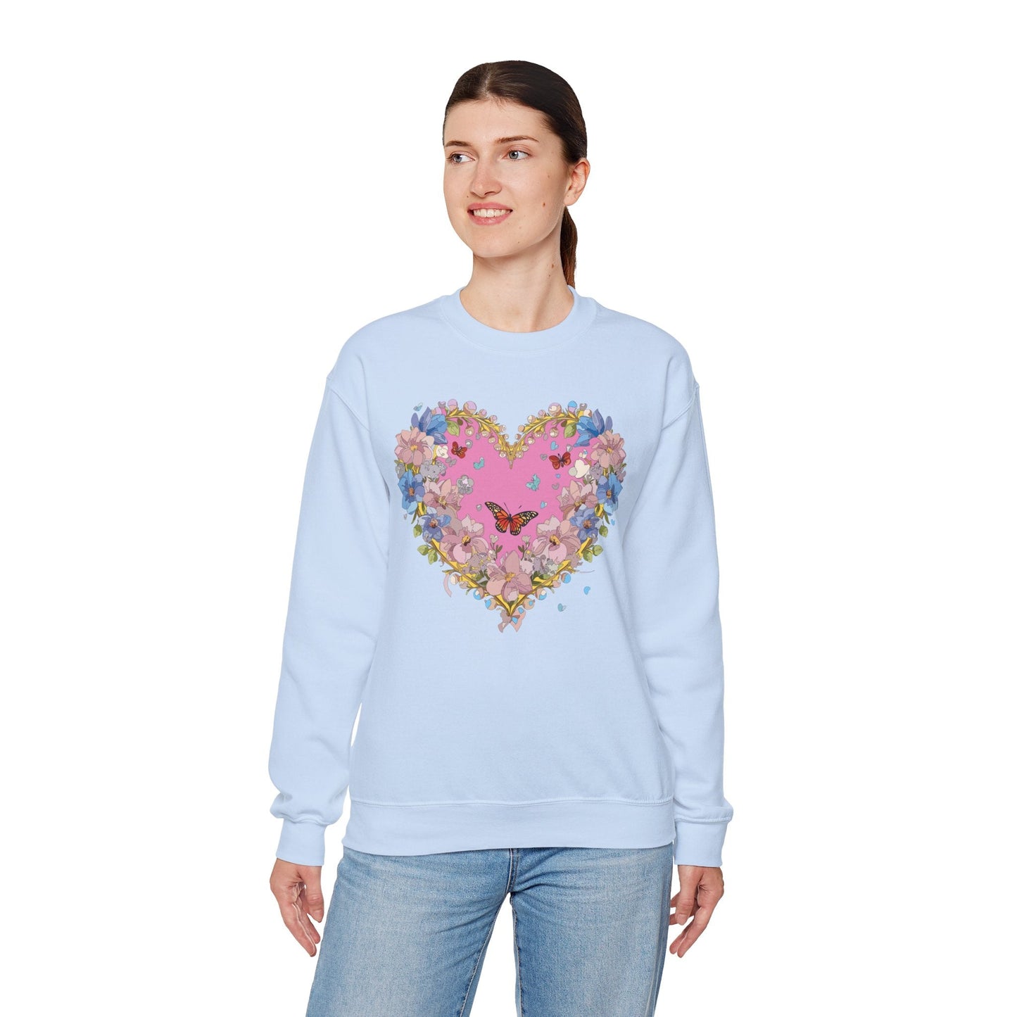 Floral Heart Sweatshirt Unisex Crewneck Gildan 18000 Fifty Fifty Cotton Polyester Valentine's Day