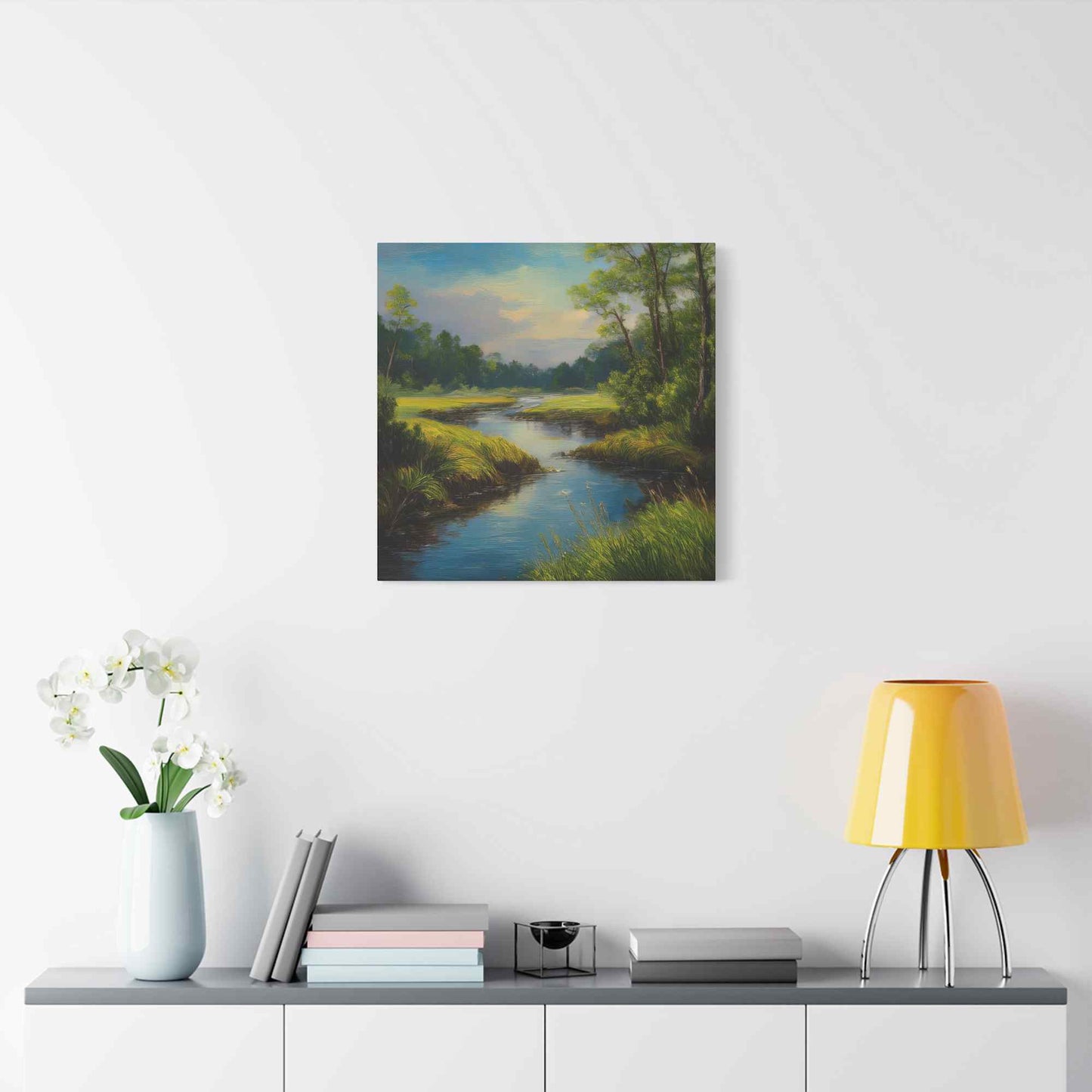 River Print Canvas, Landscape Oil Paint Print 20x20, 24x24, 30x30, 32x32, 36x36 Art Design Print Pine-Wood Inner Frame MC-52