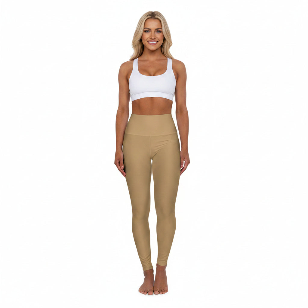 Camel Tan Color High-Waist Yoga Leggings Women's Seamless Poly-Span Stretchy Pants XS-2XL