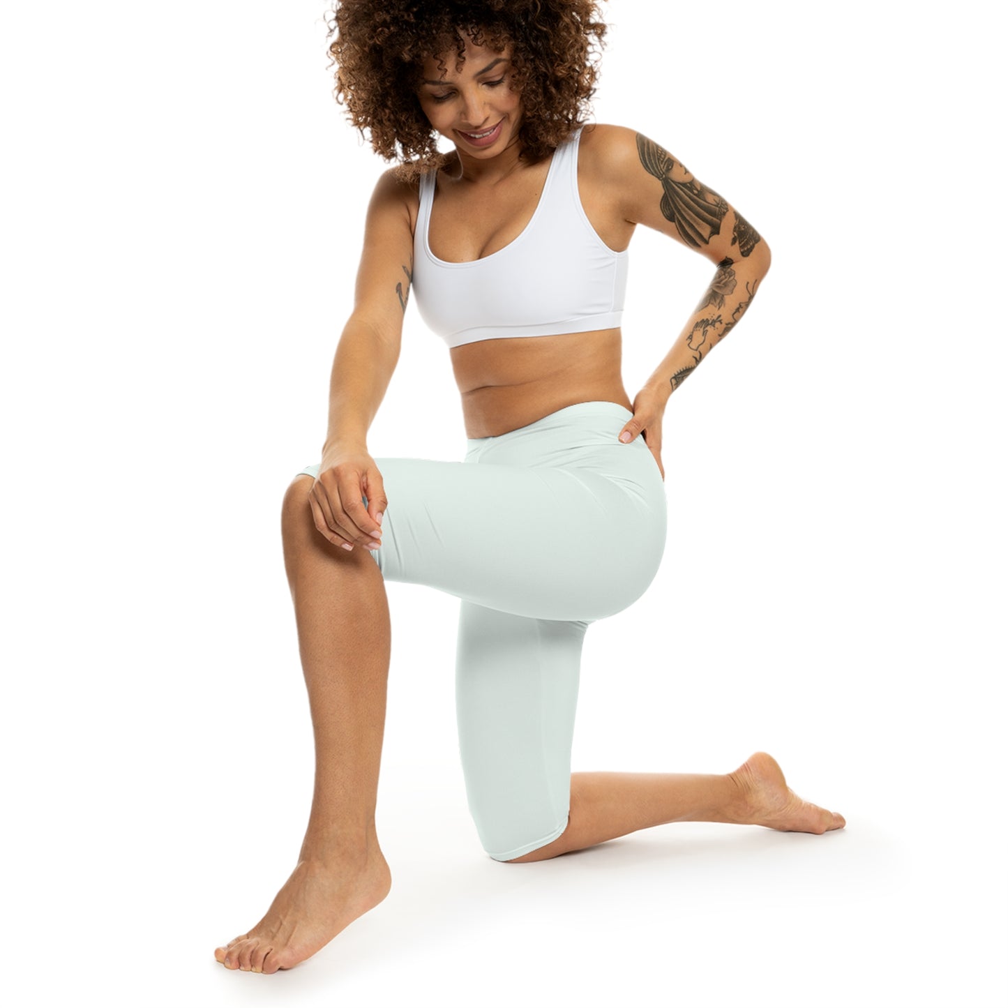 Mint Cream Color Women's Brushed Suede Poly Span Casual Capri Leggings XS-2XL