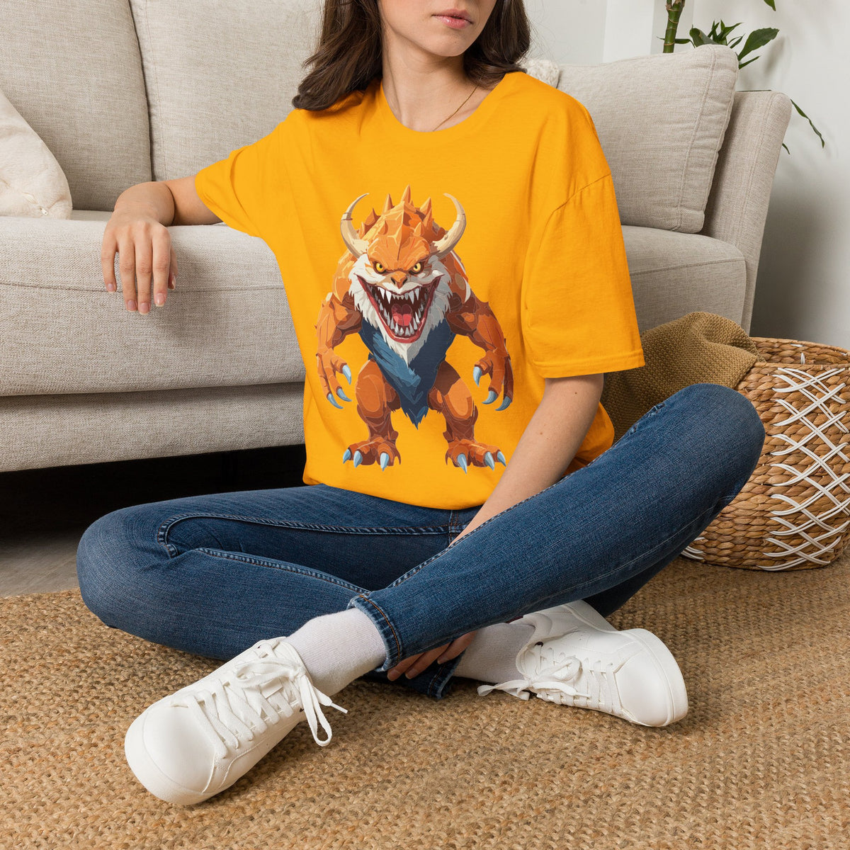 Monster Graphic T-Shirt — Fierce Orange Demon Creature Cartoon Graphic Tee Unisex 100 Cotton Gildan T-Shirt