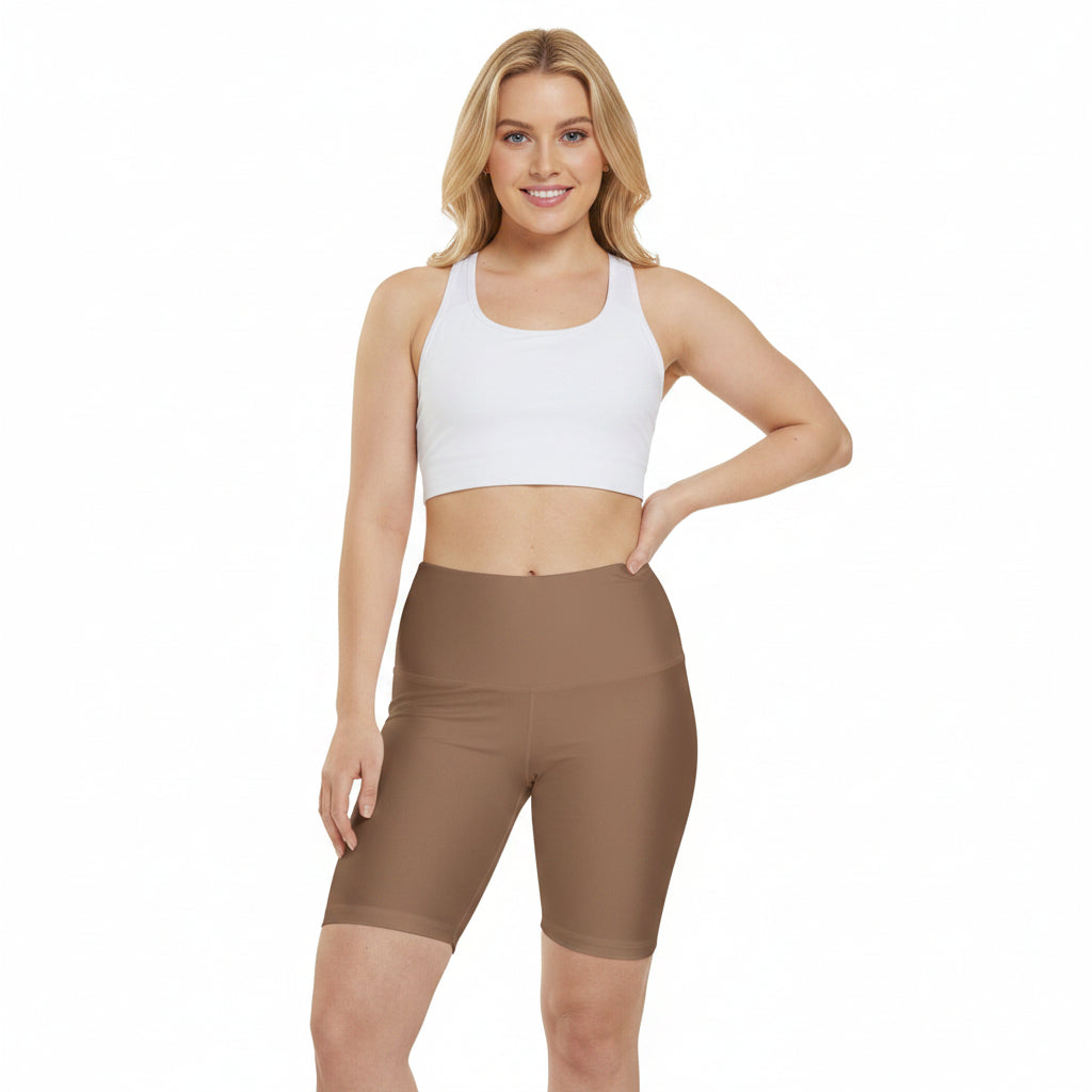 Faded Copper Women's High-Waist Workout Shorts — Solid Brown AOP Activewear