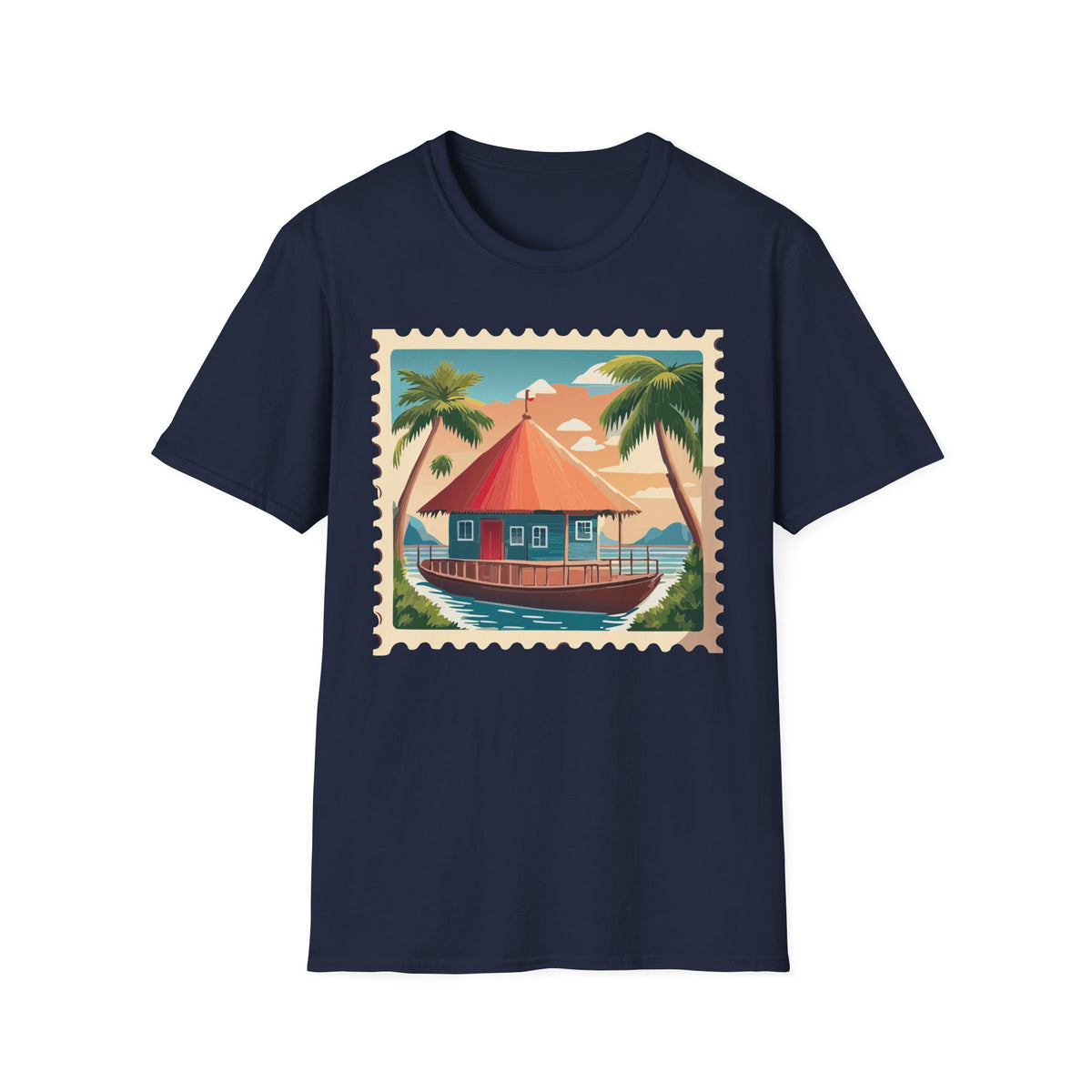 Tropical Beach Cottage T-Shirt | Palm Trees, Sunset Hut Graphic Tee Unisex 100 Cotton Gildan T-Shirt