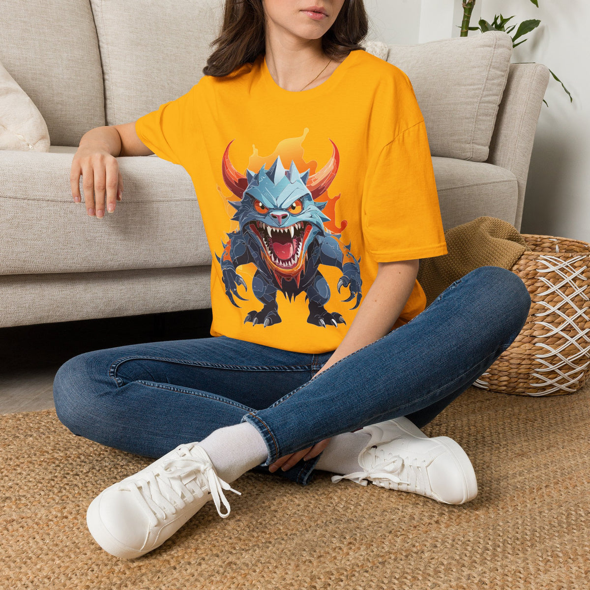 Monster Dragon T-Shirt — Fierce Fire-Breathing Creature Cartoon Graphic Tee Unisex 100 Cotton Gildan T-Shirt