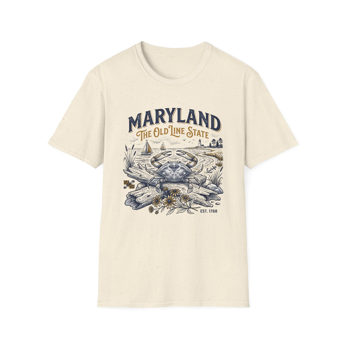 Maryland Crab, Chesapeake Scene T-Shirt — The Old Line State Vintage Coastal Travel Tourist Graphic Design Unisex 100 Cotton Gildan T-Shirt