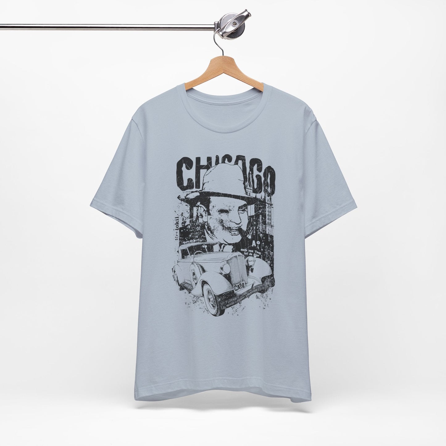 Chicago Retro Mobster Illustration Tee Vintage Car Cityscape Art Design T-Shirt A-8