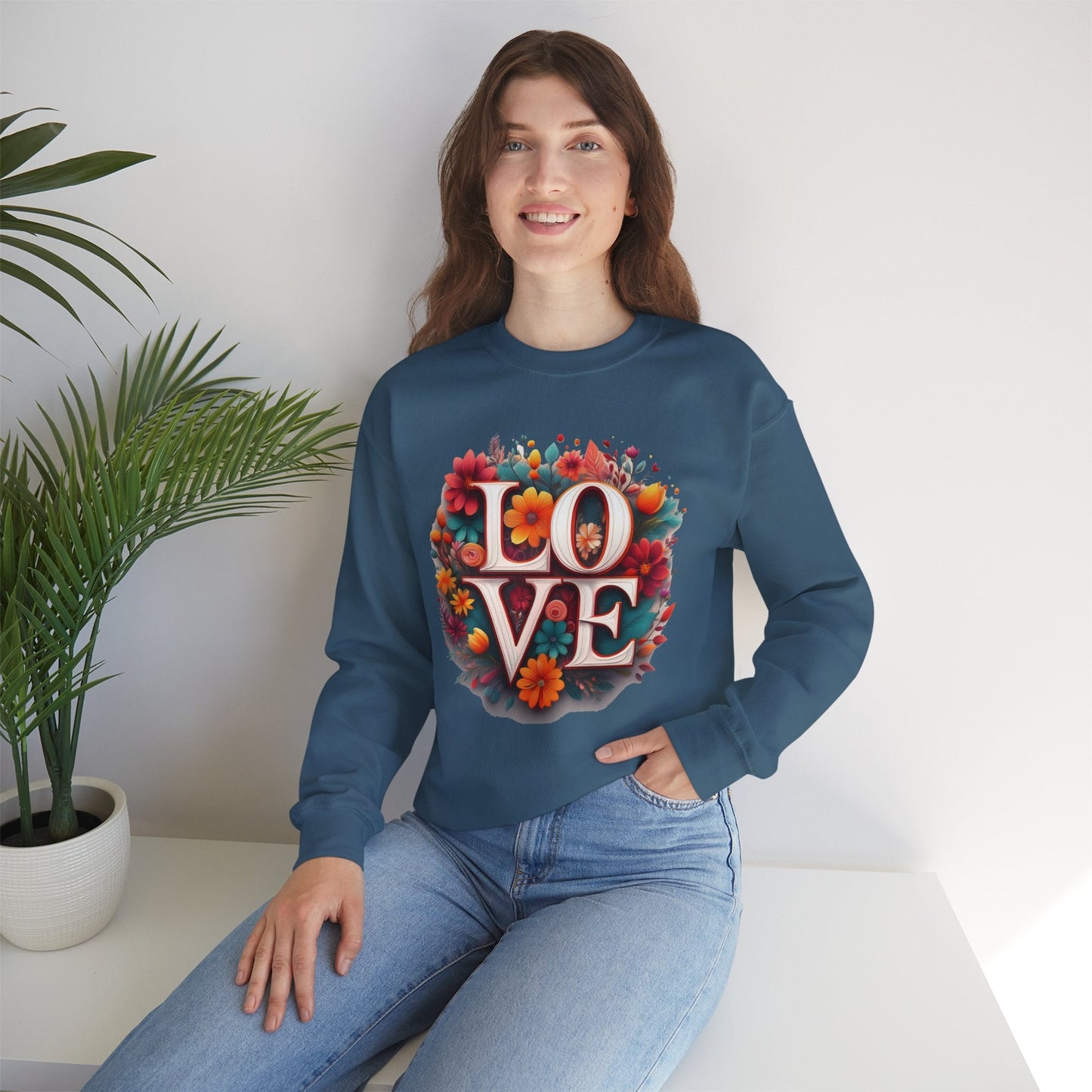 Floral Love Valentines Day Sweatshirt Unisex Heavy Blend Crewneck 50/50 Cotton Polyester Gildan 18000