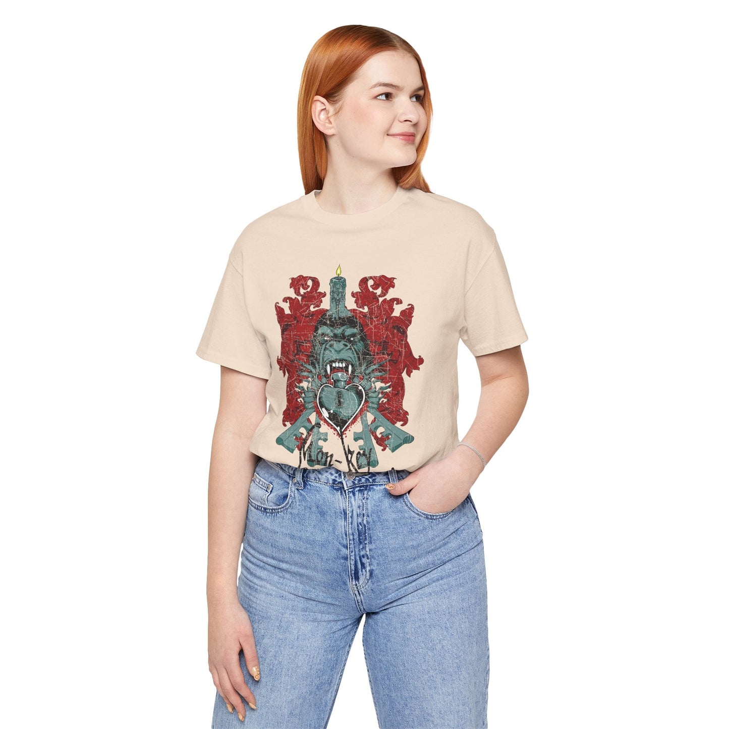 Gorilla Crest with Sword and Heart T-Shirt Heraldic Gothic Design Rock Band T-Shirt