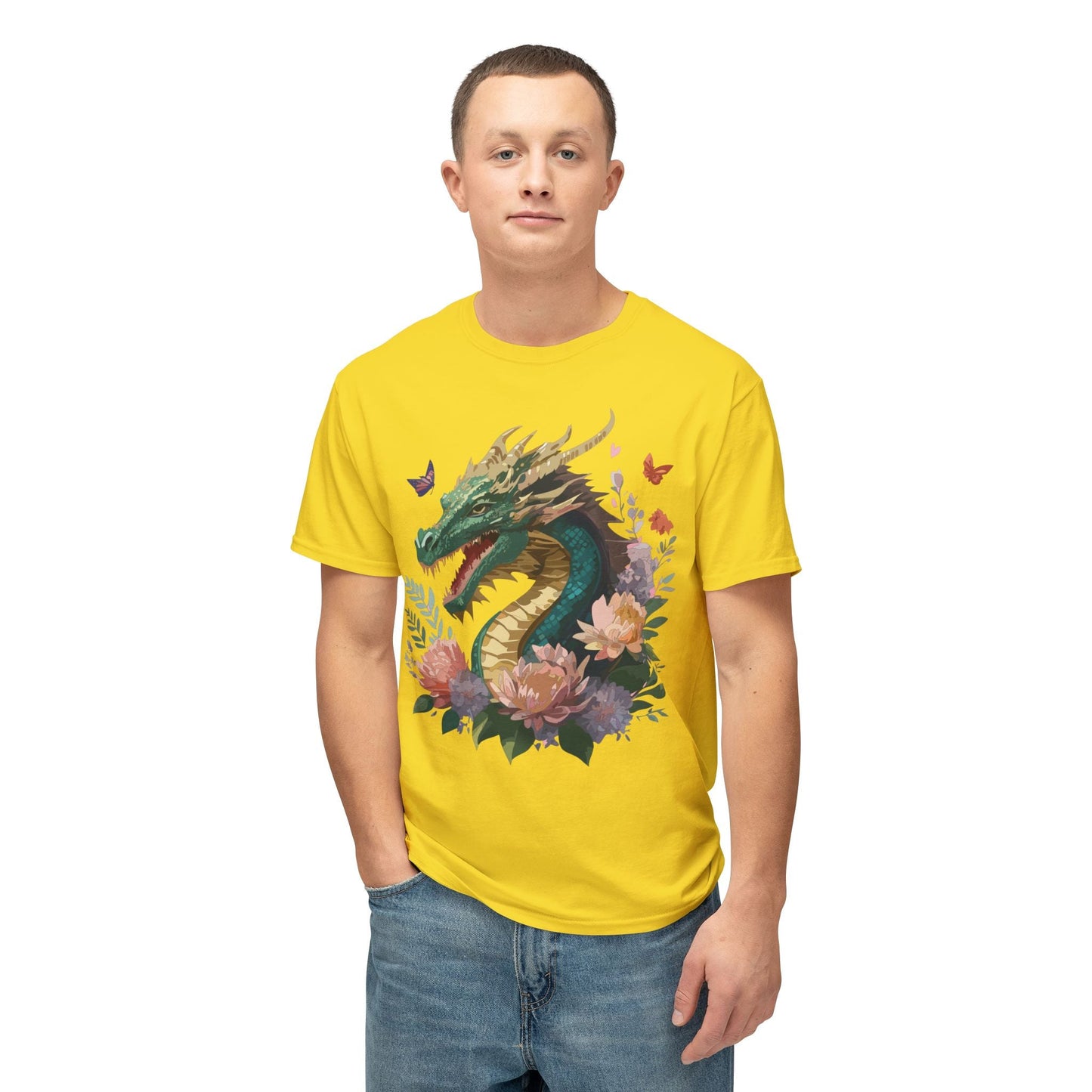 Dragon Art Design Unisex Cotton Tee With Floral Print Artwork And Dragon Graphic