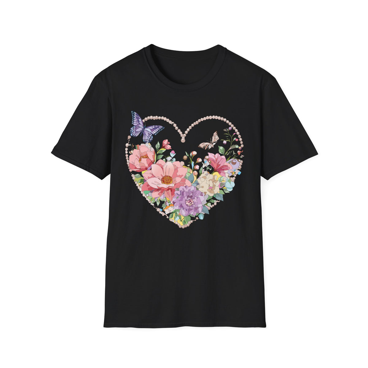 Floral Heart with Butterflies T-Shirt | Romantic Spring Garden Graphic Tee Unisex 100 Cotton Gildan T-Shirt