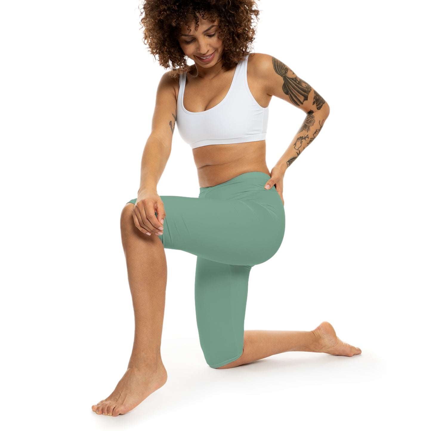 Muted Teal Color Women's Brushed Suede Poly Span Casual Capri Leggings XS-2XL