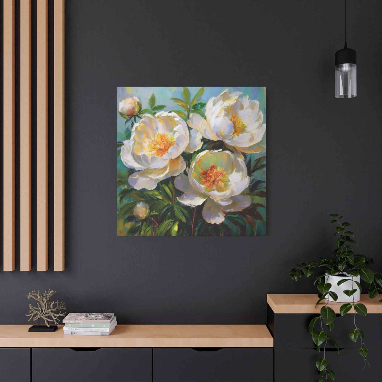 White Peonies Print Canvas, Floral Oil Paint Print 20x20, 24x24, 30x30, 32x32, 36x36 Art Design Pine-Wood Inner Frame MC-117