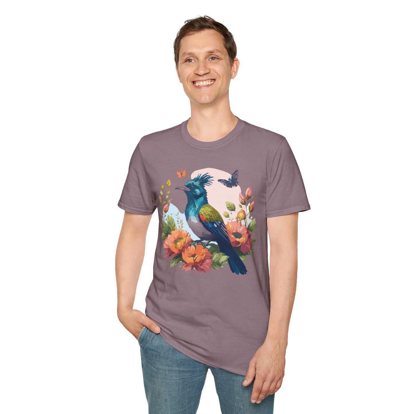Floral Bird T Shirt Unisex Tee 100 Percent Ring Spun Cotton Softstyle Gildan 64000 Comfort Fit