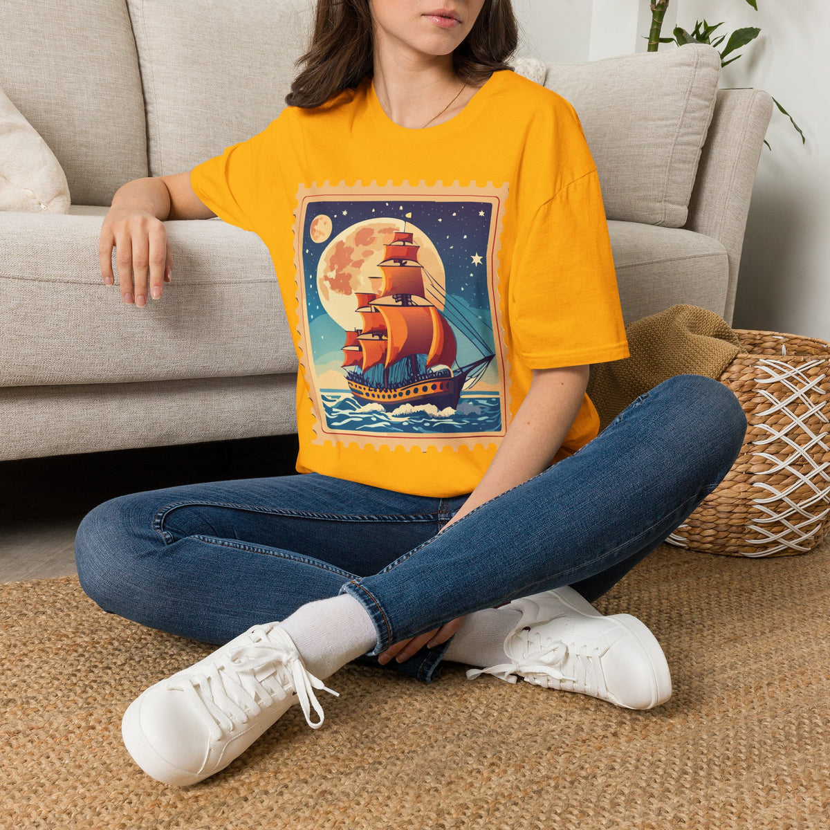 Vintage Sailing Ship T‑Shirt — Nautical Stamp Moonlight Travel Post Graphic Design Unisex 100 Cotton Gildan T-Shirt