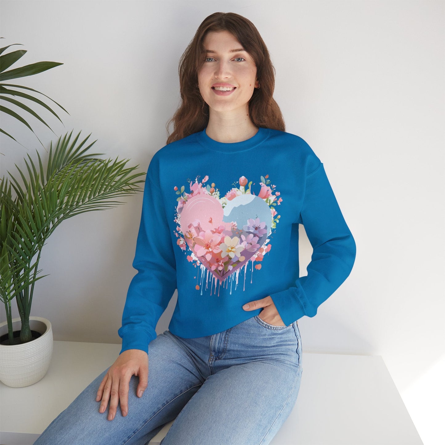 Floral Heart Sweatshirt Unisex Valentine Day Crewneck Gildan 18000 Heavy Blend Winter Wear