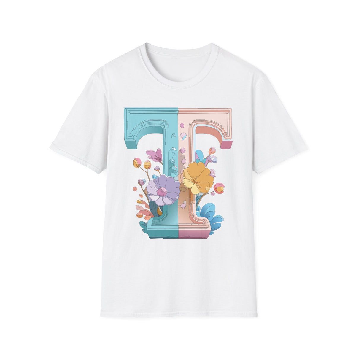 Floral Split Letter T-Shirt T Pastel Floral Initial Tee