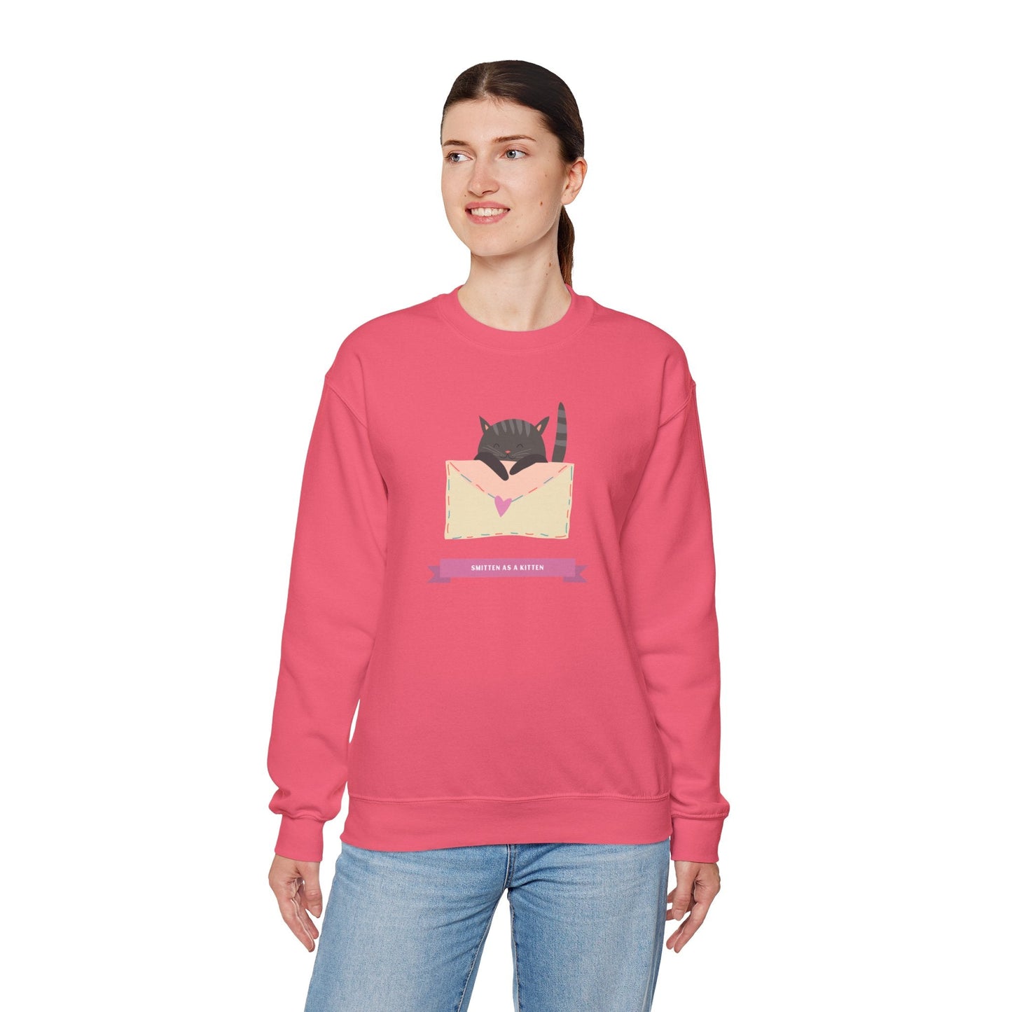 Cat Heart Sweatshirt Love For Cat Lovers Unisex Crewneck Fifty Fifty Cotton Poly Blend Gildan 18000
