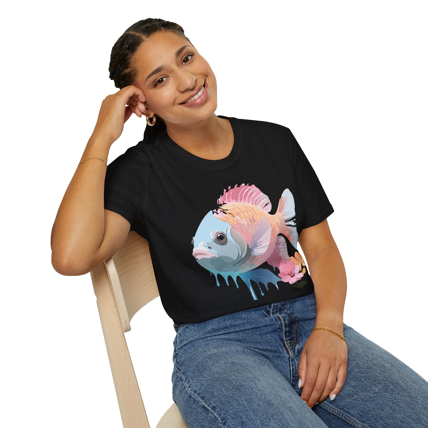 Fish Art Design Shirt Unisex Graphic Tee 100 Percent Ring Spun Cotton Softstyle Gildan 64000