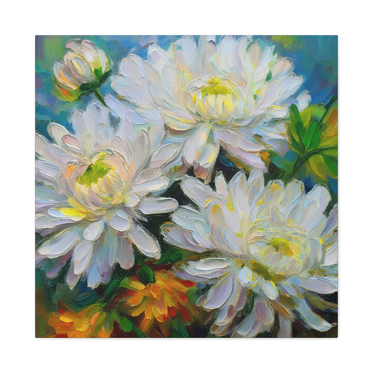 Chrysanthemums Print Canvas, Floral Oil Paint Print 20x20, 24x24, 30x30, 32x32, 36x36 Art Design Pine-Wood Inner Frame MC-161
