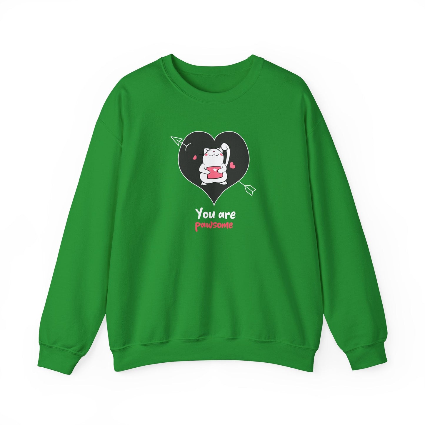Cat Heart Sweatshirt Unisex Valentines Day Fifty Fifty Cotton Poly Crewneck Gildan 18000