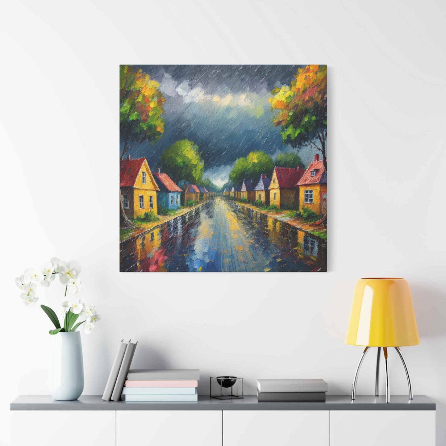 Rainy Village Street Canvas, Matte Oil Paint Print 20x20, 24x24, 30x30, 32x32, 36x36, Art Design Print Non-Frame MC-3