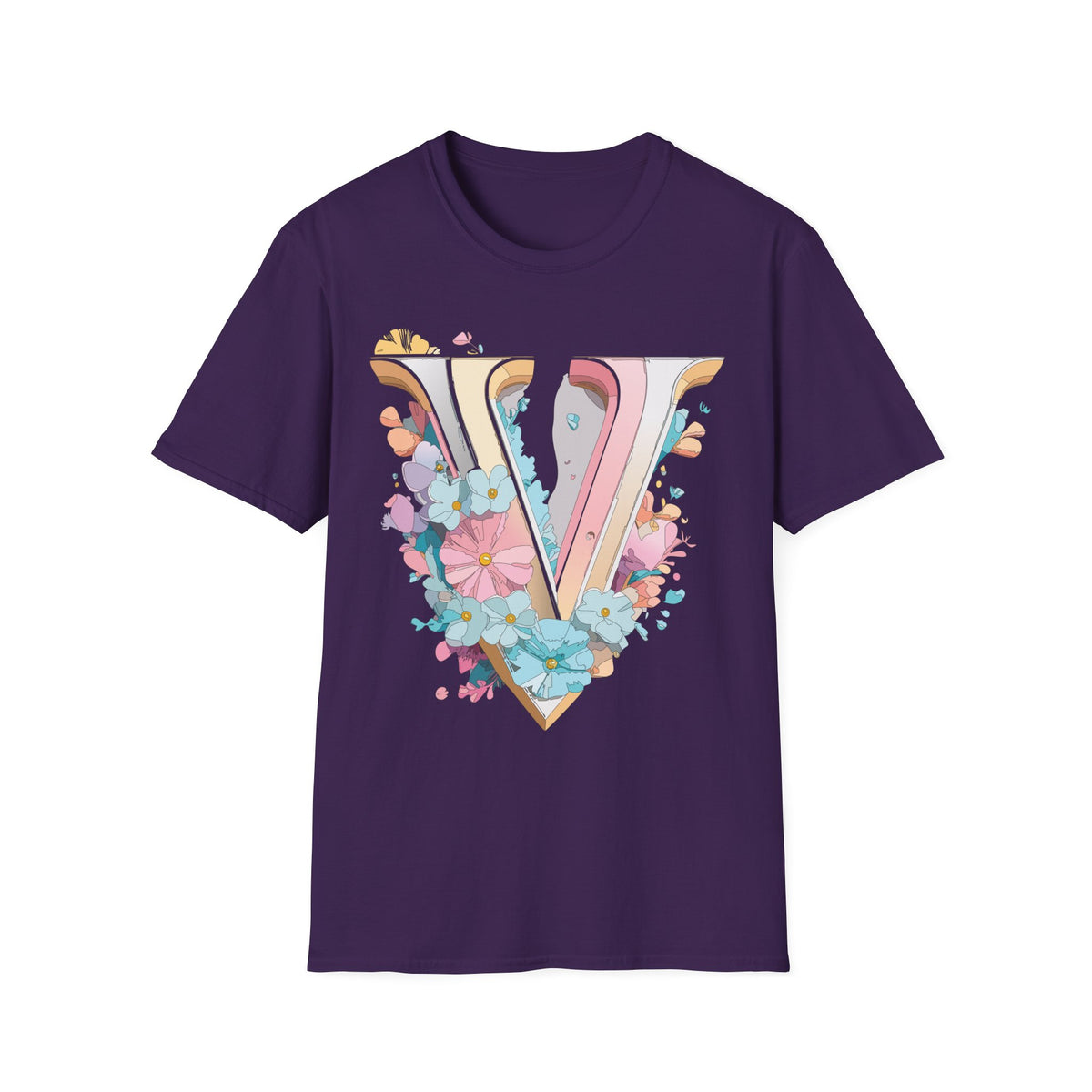 Floral Letter V T-Shirt | Pastel Vintage Monogram Tee