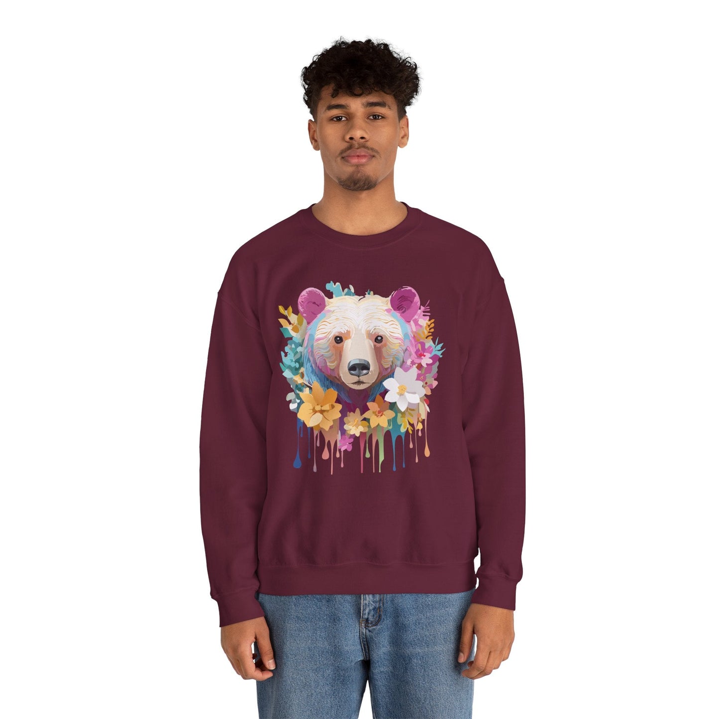 Unisex Floral Bear Sweatshirt With Art Design Gildan 18000 Crewneck