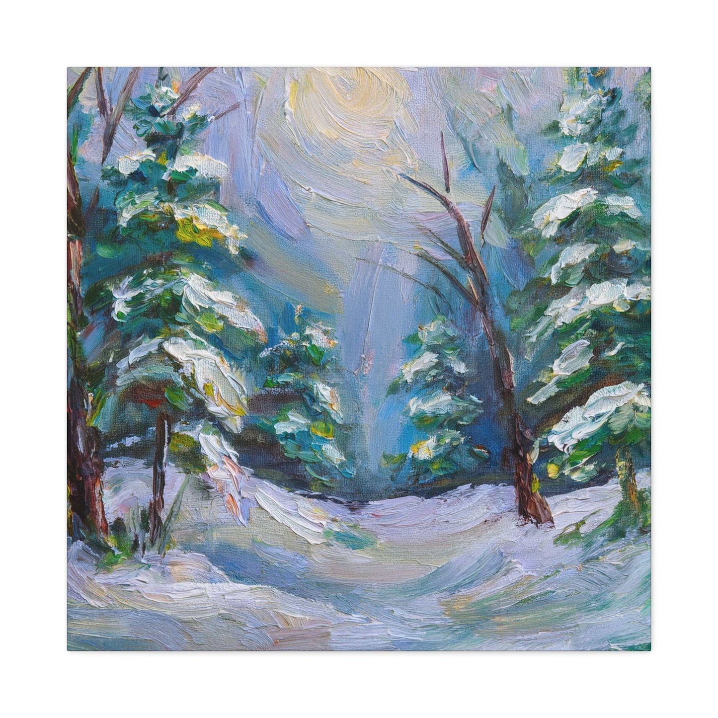 Snow Forest Print Canvas, Oil Paint Print 20x20, 24x24, 30x30, 32x32, 36x36 Art Design Print Pine-Wood Inner Frame MC-78