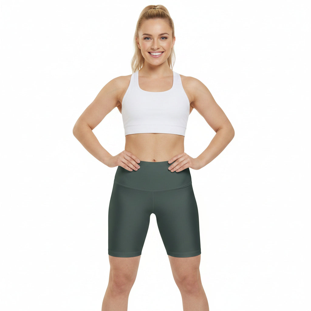 Dark Grey Olive High-Waist Women’s Workout Shorts — Olive Green Biker Activewear